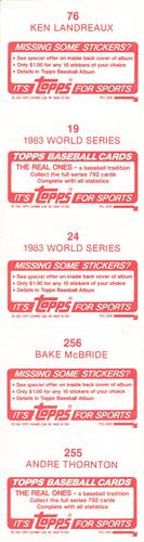 1984 Topps Stickers - Test Strips #19 / 24 / 76 / 255 / 256 Ken Landreaux / 1983 World Series / 1983 World Series / Bake McBride / Andre Thornton Back
