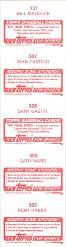 1984 Topps Stickers - Test Strips #131 / 303 / 305 / 306 / 307 Kent Hrbek / Gary Gaetti / Gary Ward / John Castino / Bill Madlock Back