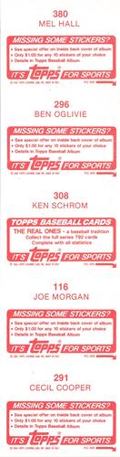1984 Topps Stickers - Test Strips #116 / 291 / 296 / 308 / 380 Mel Hall / Ben Oglivie / Ken Schrom / Joe Morgan / Cecil Cooper Back