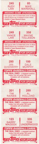 1984 Topps Stickers - Test Strips #85/123/199/201/245/249/289/290/335 Mike Marshall / Rudy Law / Wayne Tolleson / Vance Law / Dale Murphy / Dan Quisenberry / Al Holland / Tim Raines / Tom Underwood / Garry Maddox Back