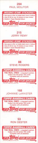 1984 Topps Stickers - Test Strips #53 / 88 / 168 / 215 / 294 Paul Molitor / Jerry Remy / Steve Rogers / Johnnie LeMaster / Ron Oester Back