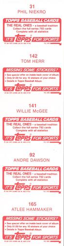 1984 Topps Stickers - Test Strips #31 / 92 / 141 / 142 / 165 Phil Niekro / Tom Herr / Willie McGee / Andre Dawson / Atlee Hammaker Back