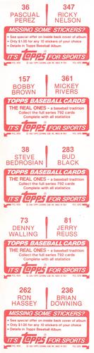 1984 Topps Stickers - Test Strips #36/38/73/81/157/236/262/283/347/361 Ricky Nelson / Pascual Perez / Mickey Rivers / Bobby Brown / Bud Black / Steve Bedrosian / Jerry Reuss / Denny Walling / Brian Downing / Ron Hassey Back