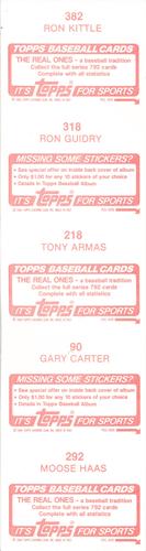 1984 Topps Stickers - Test Strips #90 / 218 / 292 / 318 / 382 Ron Kittle / Ron Guidry / Tony Armas / Gary Carter / Moose Haas Back