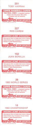 1984 Topps Stickers - Test Strips #14 / 26 / 152 / 227 / 251 Toby Harrah / Rod Carew / Juan Bonilla / 1983 World Series / 1983 Championship Back