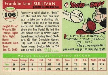 1955 Topps #106 Frank Sullivan Back