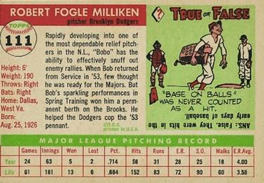 1955 Topps #111 Bob Milliken Back