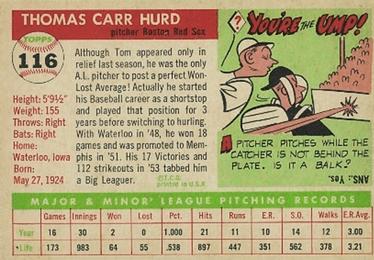 1955 Topps #116 Tom Hurd Back