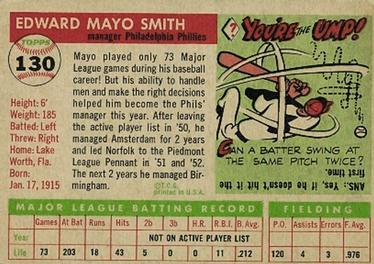 1955 Topps #130 Mayo Smith Back