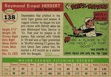 1955 Topps #138 Ray Herbert Back