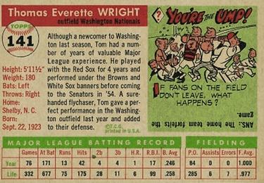1955 Topps #141 Tom Wright Back