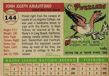 1955 Topps #144 Joe Amalfitano Back