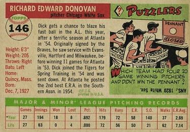 1955 Topps #146 Dick Donovan Back
