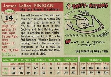 1955 Topps #14 Jim Finigan Back