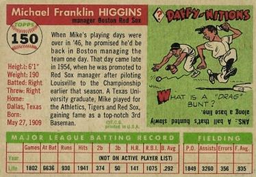 1955 Topps #150 Mike Higgins Back