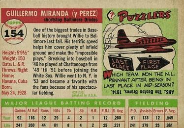 1955 Topps #154 Willie Miranda Back
