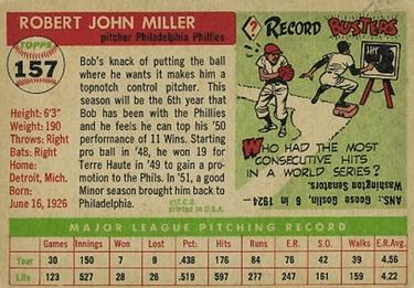 1955 Topps #157 Bob Miller Back