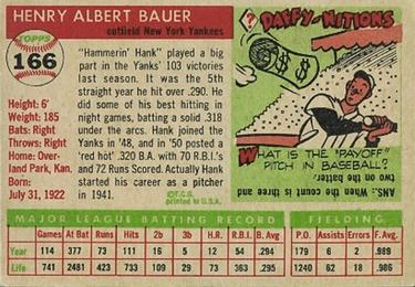 1955 Topps #166 Hank Bauer Back