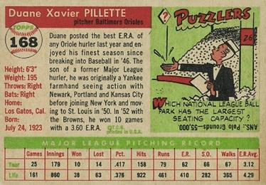 1955 Topps #168 Duane Pillette Back