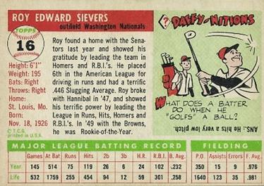 1955 Topps #16 Roy Sievers Back