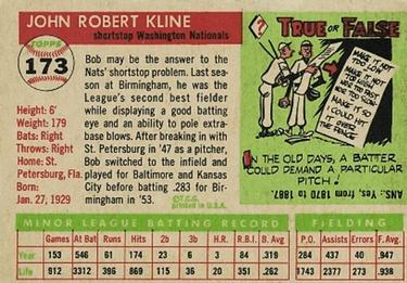 1955 Topps #173 Bob Kline Back