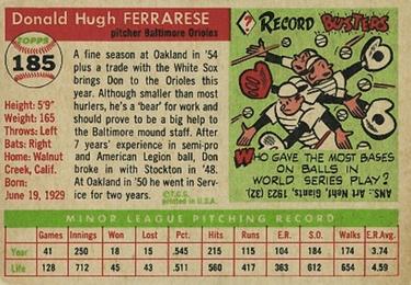 1955 Topps #185 Don Ferrarese Back