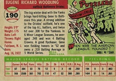 1955 Topps #190 Gene Woodling Back