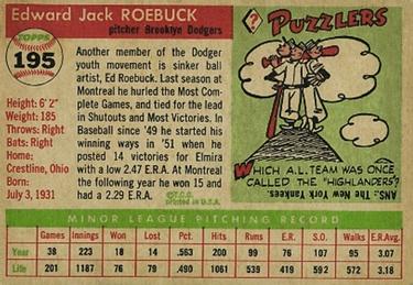 1955 Topps #195 Ed Roebuck Back