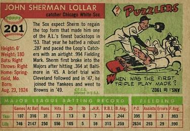 1955 Topps #201 Sherm Lollar Back