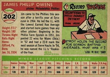1955 Topps #202 Jim Owens Back