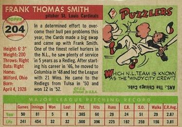 1955 Topps #204 Frank Smith Back