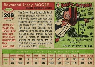1955 Topps #208 Ray Moore Back