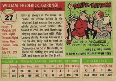 1955 Topps #27 Billy Gardner Back