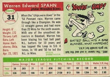 1955 Topps #31 Warren Spahn Back