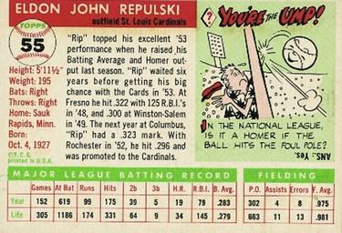1955 Topps #55 Rip Repulski Back