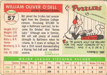 1955 Topps #57 Billy O'Dell Back