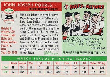 1955 Topps #25 Johnny Podres Back