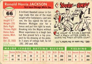 1955 Topps #66 Ron Jackson Back