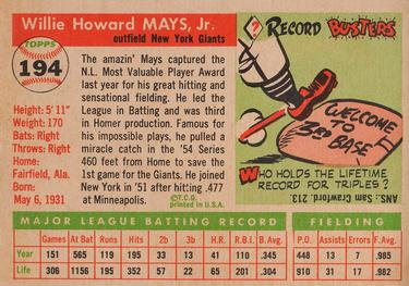 1955 Topps #194 Willie Mays Back