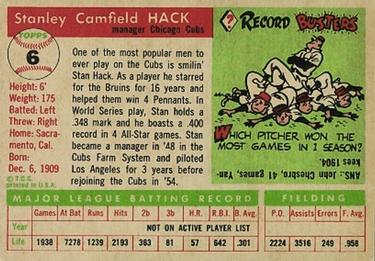 1955 Topps #6 Stan Hack Back
