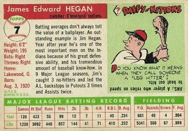1955 Topps #7 Jim Hegan Back