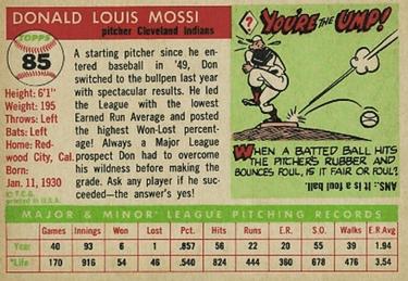 1955 Topps #85 Don Mossi Back