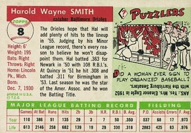 1955 Topps #8 Hal Smith Back