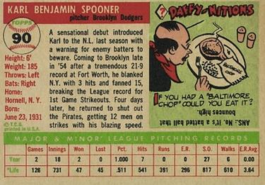 1955 Topps #90 Karl Spooner Back
