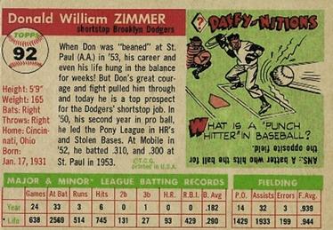 1955 Topps #92 Don Zimmer Back