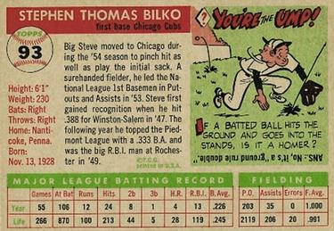1955 Topps #93 Steve Bilko Back