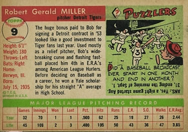 1955 Topps #9 Bob Miller Back