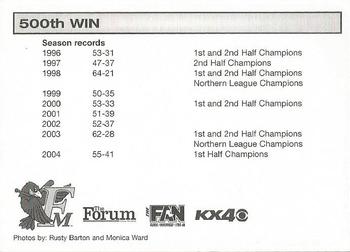 2005 Fargo-Moorhead Redhawks #NNO 500th Win Back