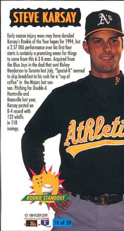 1994 Fleer Extra Bases - Rookie Standouts #10 Steve Karsay Back