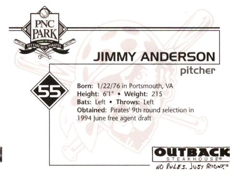 2002 Outback Steakhouse Pittsburgh Pirates #NNO Jimmy Anderson Back